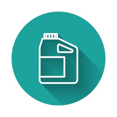 Motor makine yağı ikonu için beyaz çizgi kutusu uzun gölge arkaplanı ile izole edilmiş. Benzin bidonu. Yağ değiştirme ve onarım servisi. Motor yağı işareti. Yeşil daire düğmesi. Vektör