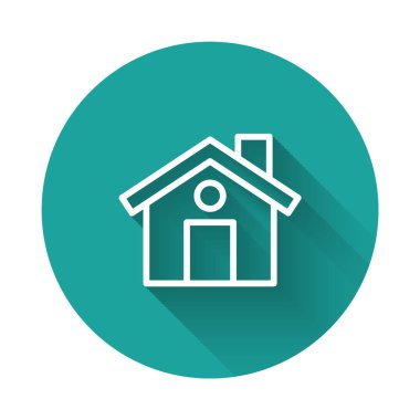 Beyaz çizgi ev simgesi uzun gölge arkaplanı ile izole edildi. Ev sembolü. Yeşil daire düğmesi. Vektör