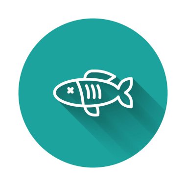 Beyaz çizgili kurutulmuş balık ikonu uzun gölge arkaplanı ile izole edilmiş. Yeşil daire düğmesi. Vektör