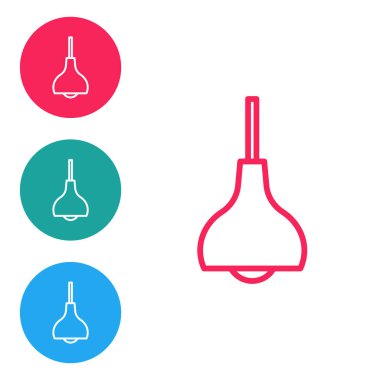 Kırmızı çizgi lambası asılı ikon beyaz arka planda izole. Tavan lambası ampulü. Simgeleri daire düğmelerine ayır. Vektör