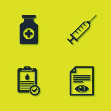 İlaç şişesi, göz kâğıdı, pano kan testi ve şırınga ikonu hazırla. Vektör.