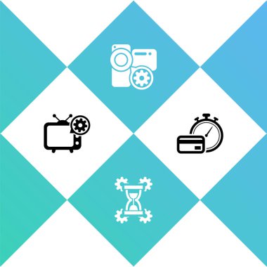 Televizyon, kum saati, video kamera ve hızlı ödeme simgesini ayarla. Vektör.