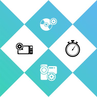 Mikrodalga fırın ayarını, video kamerayı, CD veya DVD diskini ve Stopwatch simgesini ayarla. Vektör.