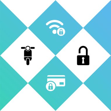 Scooter 'ı ayarlayın, kilitli kredi kartı, Wifi kilitlendi ve asma kilit simgesini açın. Vektör.