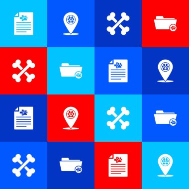 Köpek ya da kedi için tıbbi sertifika, konum veterineri, çapraz kemikler ve kayıt klasörü simgesi ayarla. Vektör.