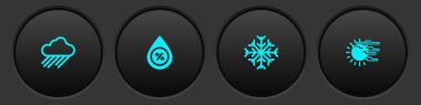 Bulut 'u yağmurla, su damlası yüzdesiyle, Kar Tanesi' yle, Sis 'le ve güneş ikonuyla ayarla. Vektör.