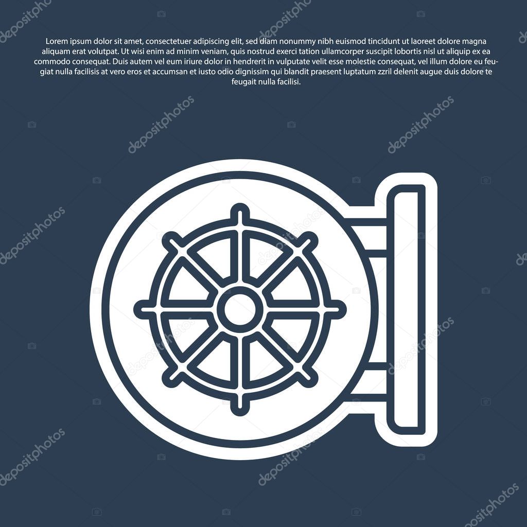 Blue line Dharma wheel icon isolated on blue background. Buddhism religion sign. Dharmachakra symbol.  Vector