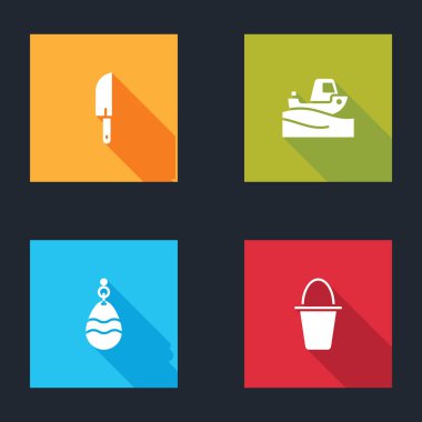 Bıçak, balıkçı teknesi, kaşık ve kova ikonu. Vektör.