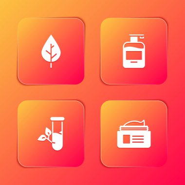 Yaprak, bir şişe sıvı sabun, laboratuvar camı, yapraklar ve merhem kremi ikonu. Vektör.