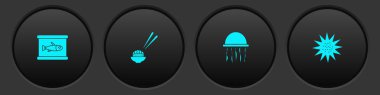 Konserve balık, suşi, denizanası ve deniz kestanesi ikonu. Vektör.