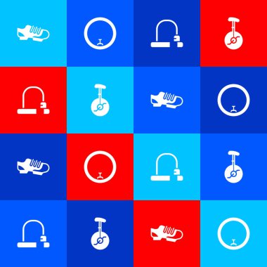 Bisiklet ayakkabılarını, tekerleği, kilidi ve tek tekerlekli bisikleti veya bir bisiklet ikonunu ayarla. Vektör.