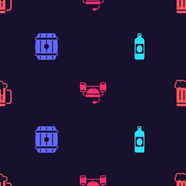 Plastik bira şişesi, ahşap fıçı, bira kaskı ve kupayı kusursuz bir kalıba oturt. Vektör