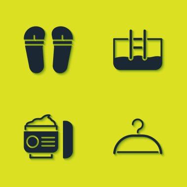 Parmak arası terlikler, elbise askısı, krem ya da losyon kozmetik tüp ve merdiven ikonlu yüzme havuzu. Vektör