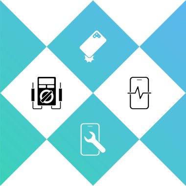 Multimetre, cep telefonu servisi, şok geçirmez telefon ve telefon tamir ikonunu ayarla. Vektör