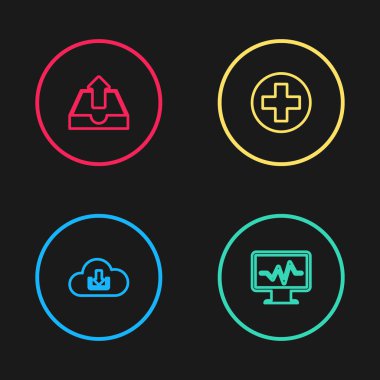 Cloud indirme hattını ayarla, kardiyogramla monitör, çemberde tıbbi haç ve gelen kutusu simgesini yükle. Vektör.