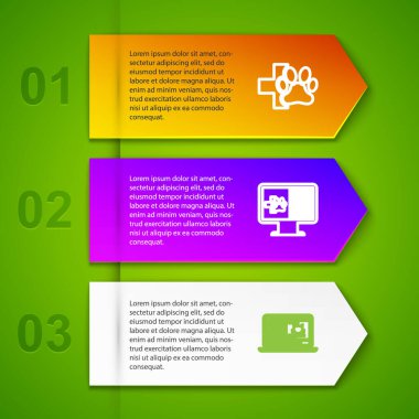 Veteriner kliniği, klinik kayıt cihazı monitörde, kedi bilgisayarı, köpek ve haplar. Ticari bilgi şablonu. Vektör.