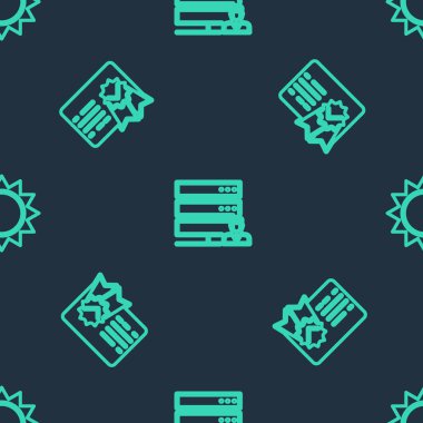 Hat çizgisi müşteri hizmetleri sunucusunu, sertifika şablonunu ve güneşi pürüzsüz desene ayarlayın. Vektör.