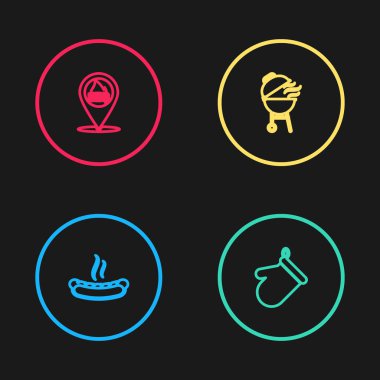 Hotdog sandviçi, fırın eldiveni, ızgara ızgara ve barbekü ikonlu konum. Vektör.