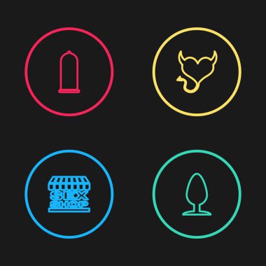 Sex shop binası, anal tıkaç, boynuzlu şeytan kalbi ve prezervatif güvenli seks ikonu. Vektör.