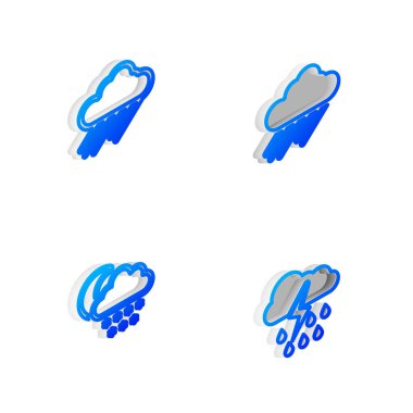 Isometric hattını yağmur, kar, ay ve yıldırım ikonu ile ayarla. Vektör.