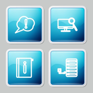 Konuşma balonu ünlemesini, bilgisayar monitörü teşhisini, kullanıcı el kitabını ve sunucu simgesini ayarla. Vektör.