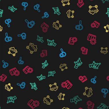 Çizgi büyüteç ve teçhizat, pasta grafiği bilgisi, Kömür madeni tramvayı ve sunucuyu kusursuz desene ayarlayın. Vektör.