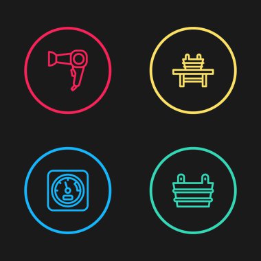 Sauna termometresi, kova, bank ve saç kurutma ikonu ayarla. Vektör