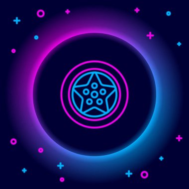 Parlak neon çizgili araba tekerleği simgesi siyah arkaplanda izole edildi. Renkli taslak konsepti. Vektör