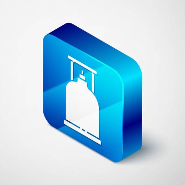 Isometric Kamp Gaz Ocağı ikonu gri arka planda izole edildi. Taşınabilir gaz ocağı. Yürüyüş, kamp malzemeleri. Mavi kare düğme. Vektör İllüstrasyonu.