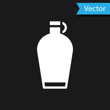 Siyah arkaplanda beyaz matara ikonu var. Turist matarası ikonu. Kampanyada bir kavanoz su kullanıldı. Vektör.