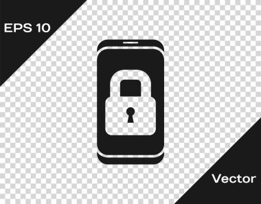 Şeffaf arkaplanda kapalı asma kilit simgesine sahip siyah akıllı telefon. Kilitli telefon. Gezici güvenlik, güvenlik, koruma konsepti. Vektör.