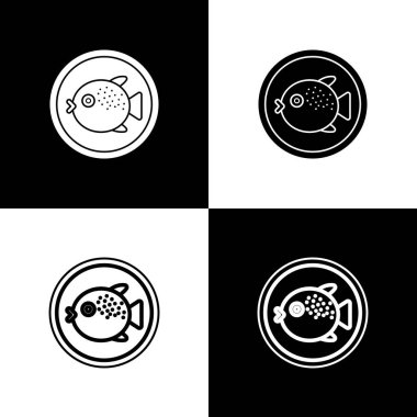 Kirpi balığını siyah beyaz arka planda izole edilmiş bir tabak simgesine yerleştir. Fugu balığı Japon kirpi balığı. Vektör..