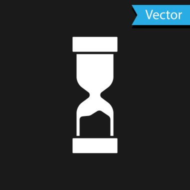 Siyah zemin üzerinde akan kum ikonu olan eski beyaz kum saati. Kum saati işareti. İş ve zaman yönetimi kavramı. Vektör.