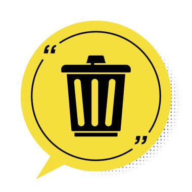 Siyah Çöp Kutusu simgesi beyaz arkaplanda izole edildi. Çöp kutusu tabelası. Sepet simgesini geri dönüştür. Ofis çöpü ikonu. Sarı konuşma balonu sembolü. Vektör.