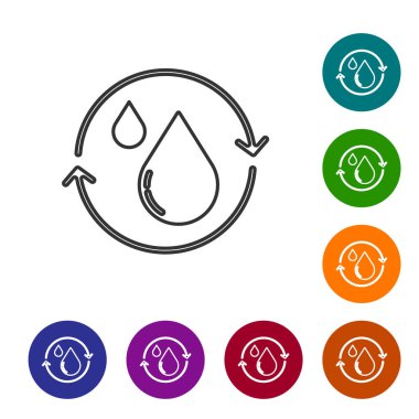 Beyaz arkaplanda izole edilmiş siyah çizgi temiz su simgesini geri dönüştür. İşaret geri dönüşümlü bir damla su. Simgeleri renk daire düğmelerine ayarla. Vektör.