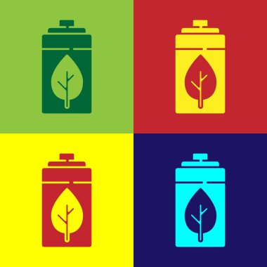 Pop Art Eko Doğa Yaprağı ve batarya ikonu renk arkaplanında izole. Enerji, ekoloji tasarruf kavramına dayanır. Vektör.