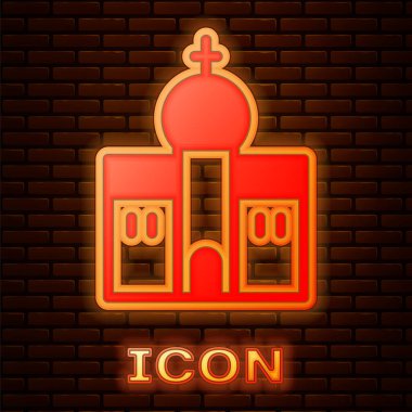 Parlayan neon kilise binası ikonu tuğla duvar arkasında izole edilmiş. Hıristiyan Kilisesi. Kilisenin dini. Vektör.