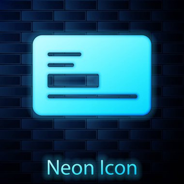 Parlayan neon ziyaretçi kartı, kartvizit simgesi tuğla duvar arkasında izole edilmiş. Şirket kimlik şablonu. Vektör.