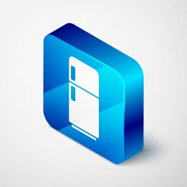 Isometric Buzdolabı simgesi gri arkaplanda izole edildi. Buzdolabı buzdolabı. Ev aletleri ve aletler. Mavi kare düğme. Vektör.