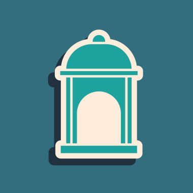 Yeşil Müslüman Camii simgesi yeşil arka planda izole edilmiş. Uzun gölge tarzı. Vektör