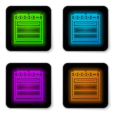 Parlayan neon hattı fırın simgesi beyaz arkaplanda izole edildi. Fırın tabelası. Siyah kare düğme. Vektör İllüstrasyonu.