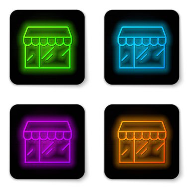 Parlayan neon hattı alışveriş binası veya market simgesi beyaz arka planda izole edildi. Dükkan inşaatı. Siyah kare düğme. Vektör.