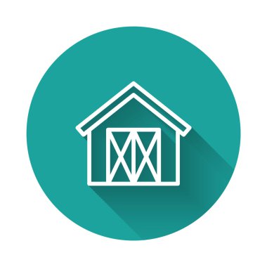 Beyaz çizgi çiftlik evi ikonu uzun gölgeli izole edilmiş. Yeşil daire düğmesi. Vektör.