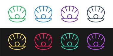 Siyah ve beyaz arkaplanda izole edilmiş inci simgesi ile doğal açık kabuk hattı ayarlayın. Deniz kabuğu kabuğu. Deniz kabuğu işareti. Vektör..