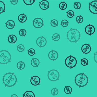 Siyah Çizgili Saat 24 saat simgesi yeşil arka planda izole edilmiş kusursuz desen. Tüm gün döngü simgesi. 24 saat hizmet sembolü. Vektör.