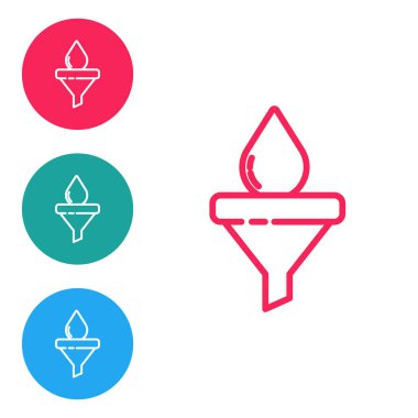 Kırmızı çizgi hunisi veya filtre ve motor yağı damlası simgesi beyaz arkaplanda izole edildi. Simgeleri daire düğmelerine ayır. Vektör.