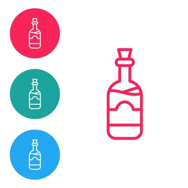 Kırmızı çizgili şarap şişeleri beyaz arka planda izole edilmiş. Simgeleri daire düğmelerine ayır. Vektör.