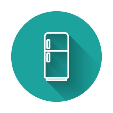 Beyaz çizgi buzdolabı ikonu uzun gölgeli. Buzdolabı buzdolabı. Ev aletleri ve aletler. Yeşil daire düğmesi. Vektör.