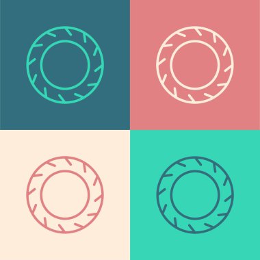 Pop sanat eseri bisiklet tekerleği ikonu renk arkaplanında izole edilmiş. Bisiklet yarışı. Olağanüstü bir spor. Spor malzemeleri. Vektör.