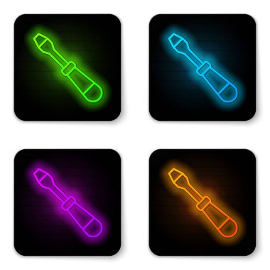 Parlayan neon çizgisi tornavida simgesi beyaz arkaplanda izole edildi. Servis aracı sembolü. Siyah kare düğme. Vektör.